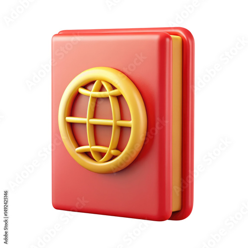 3D Red Passport with Golden Globe Icon Isolated on Transparent Background photo