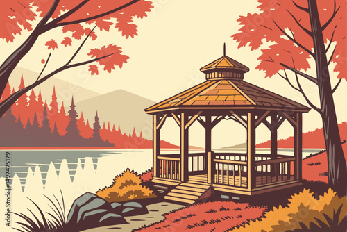 140 A wooden gazebo or shelter on the shore of a tranquil forest lake, surrounded by colorful autumn foliage, reflecting in the still waters, a serene and picturesque natural landscape