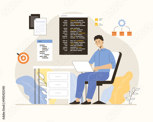 Software development, programming, coding. Man create software, write code and scripts, work with programming languages. Flat vector illustration.	
