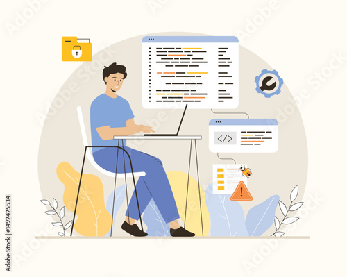 Software development, coding and problem identification. IT specialist testing software in search of bugs. Flat vector illustration.	
