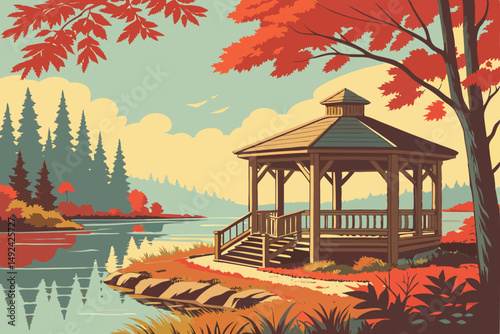 140 A wooden gazebo or shelter on the shore of a tranquil forest lake, surrounded by colorful autumn foliage, reflecting in the still waters, a serene and picturesque natural landscape