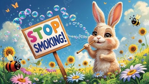 A Cheerful Rabbit's Gentle Plea: Embrace Fresh Air, Not Smoke, in a Sunny Meadow
