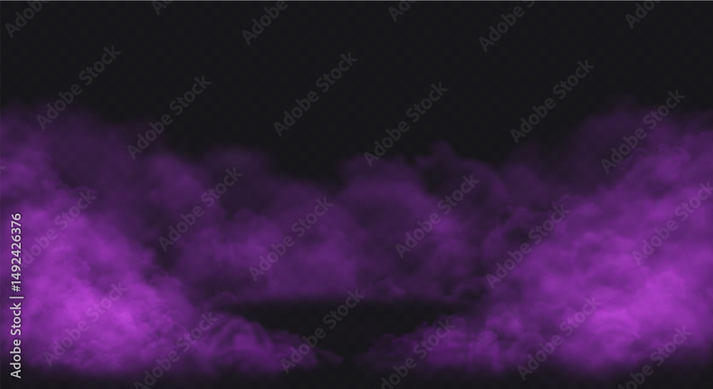 Fototapeta premium Purple Smoke effect on transparent dark background. Fog gray cloud above the floor surface with an empty spot