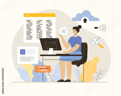 Software development, programming, coding. Woman working on web and application development on computer. Flat vector illustration.