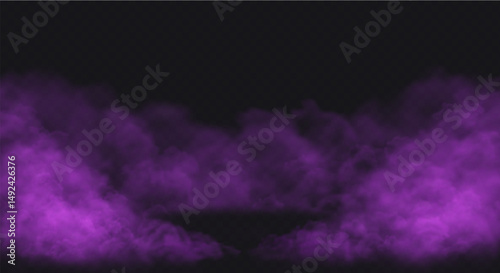 Purple Smoke effect on transparent dark background. Fog gray cloud above the floor surface with an empty spot