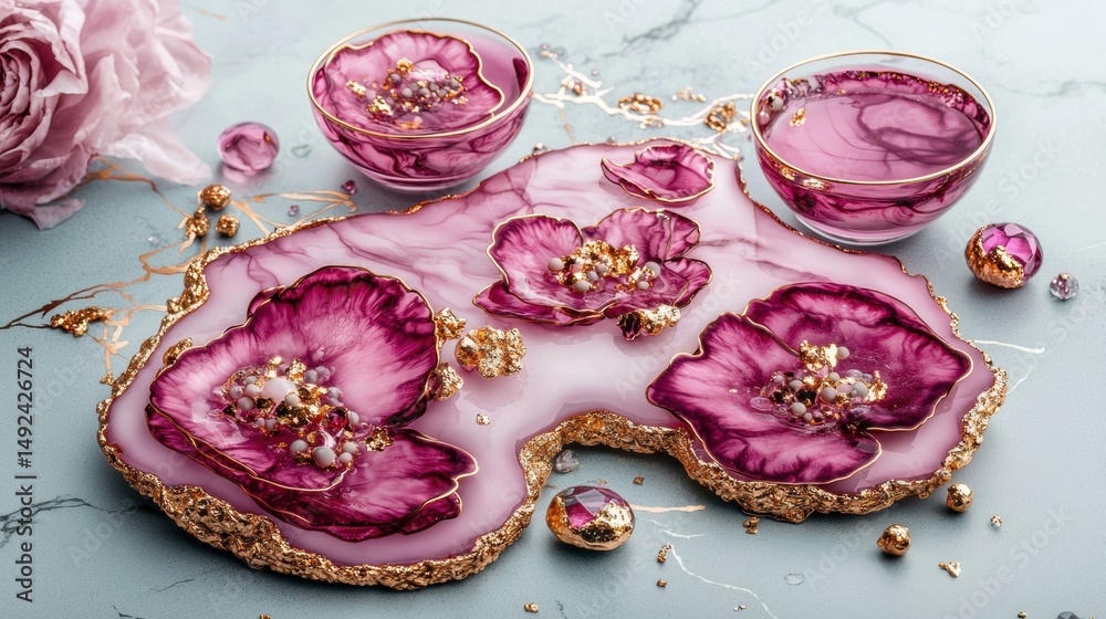 Fototapeta premium A pink marble slab with gold accents, adorned with pink flowers and gold jewels, accompanied by two small cups of pink liquid.