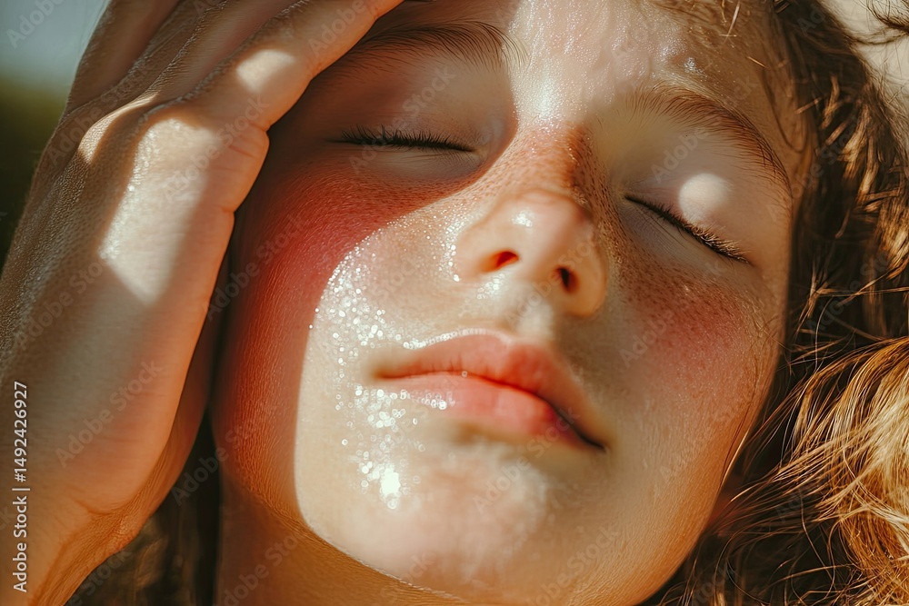 Fototapeta premium Close-up portrait of a young person with sunlit skin and a relaxed expression.