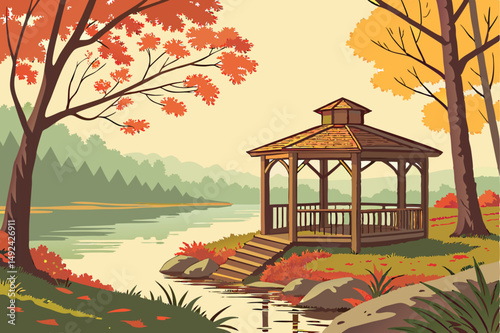 140 A wooden gazebo or shelter on the shore of a tranquil forest lake, surrounded by colorful autumn foliage, reflecting in the still waters, a serene and picturesque natural landscape