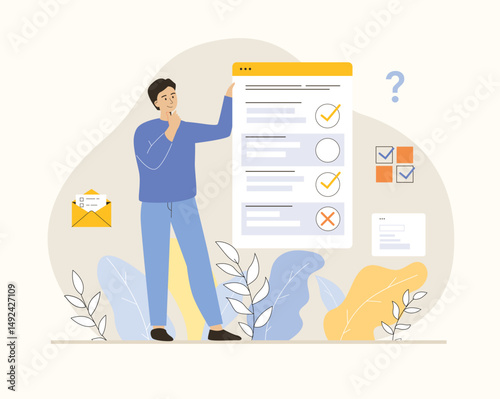 Online survey concept. Man put cross or tick in questionnaire or quiz on web page. Flat vector illustration.	
