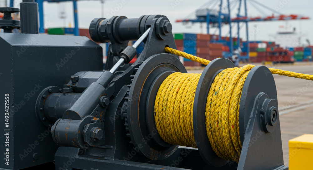 Heavy-duty winch with a thick cable.
Heavy-duty winch with a thick cable.
