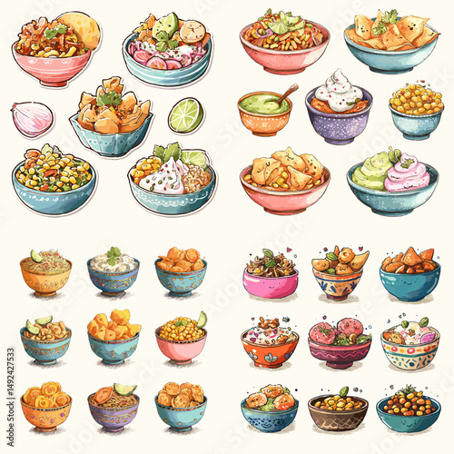 Colorful watercolor bowls filled with various savory snacks and appetizers. Great for food blogs, menus, catering branding, and culinary illustrations.

