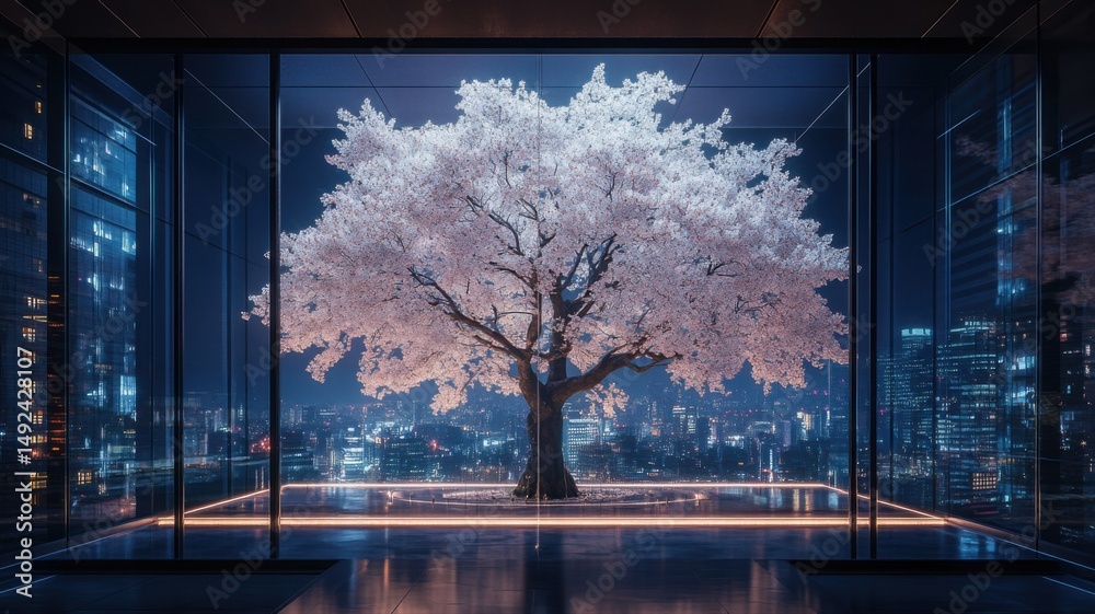 Obraz premium Surreal Bloom: Flowering Tree in Modern City High-Rise at Night tree night surreal high-rise blossom