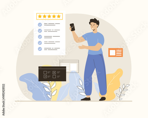 Online survey concept. Feedback service. Man give feedback, choose answers, make decisions and research. Flat vector illustration.	
