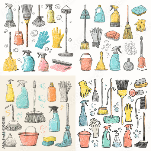 Hand-drawn set of cleaning tools including mops, brooms, gloves, sprays, and buckets. Perfect for housekeeping, hygiene, and janitorial service designs.

