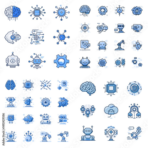 Modern blue line icons representing artificial intelligence, neural networks, robotics, and brain-computer interfaces. Suitable for tech, AI, and innovation content.

