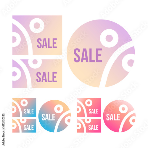 Modern vector sale banners on the trendy sky gradient backgrounds. Set of round and rectangular discount labels with customizable text. Perfect for promotions.