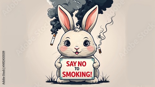 Charming Rabbit Holds 'Say No to Smoking!' Sign Amidst Puffs of Smoke