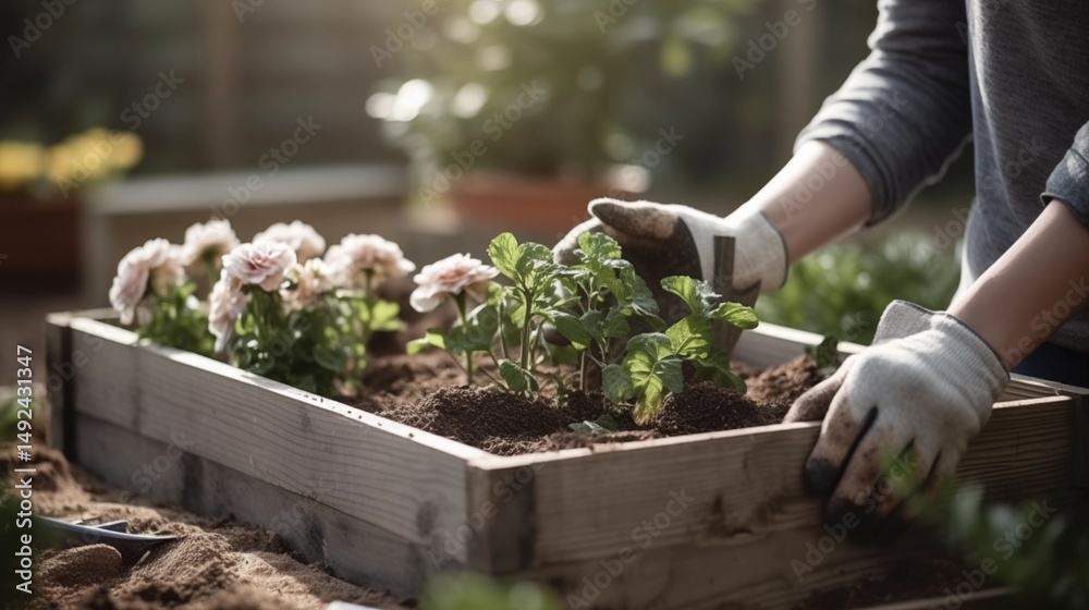 Fototapeta premium Handschuhe Hände pflanzen im Hochbeet