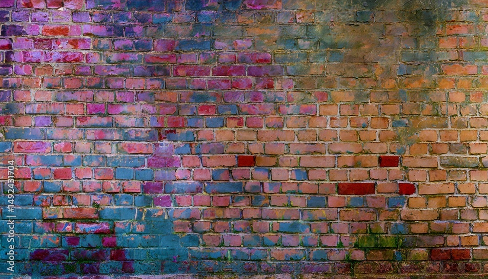 Fototapeta premium Abstract old wall background with stained aged bricks, full panoramic view texture