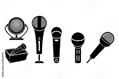 Collection of various microphone styles isolated on a white background
