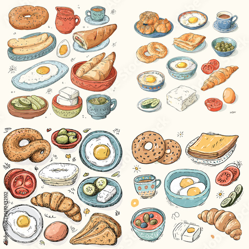 Watercolor hand-drawn breakfast food set featuring bread, eggs, pastries, tea, and cheese. Ideal for culinary blogs, food packaging, and breakfast menus.

