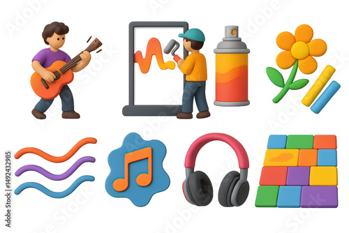 Art and music 3d icons set – creative, vibrant, design essentials