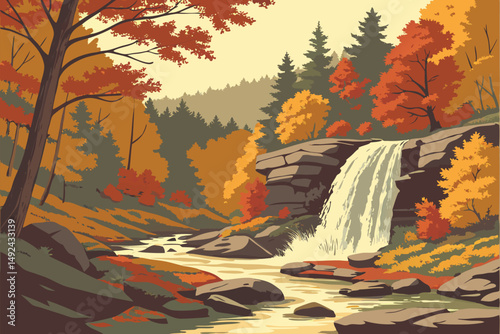 141 stunning waterfall in autumn forest,flowing water cascading over rocks,vibrant fall foliage surrounding waterfall,dramatic natural scenery with rocky stream,beautiful wilderness landscape with cas