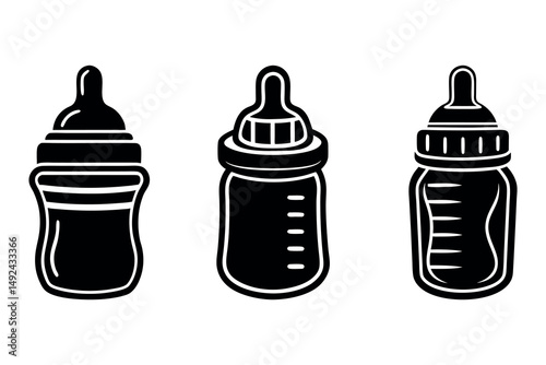 Three black baby bottles isolated on a white background