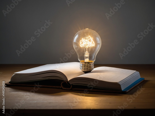 An open book with a light bulb symbolizes knowledge, creativity, and the combination of education and innovation.