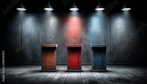 Three debate podiums illuminated in a dark, dramatic setting.