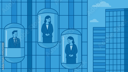 Modern office buildings feature elevators that transport people. Businessman and businesswoman in a transparent elevator moving along a skyscraper facade. Vector illustration.