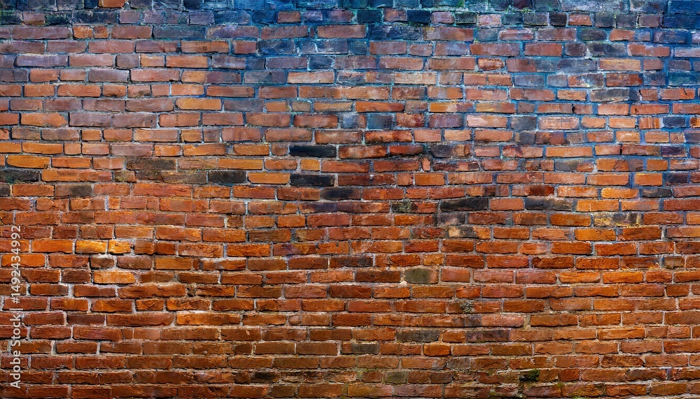 Naklejka premium Abstract old wall background with stained aged bricks, full panoramic view texture