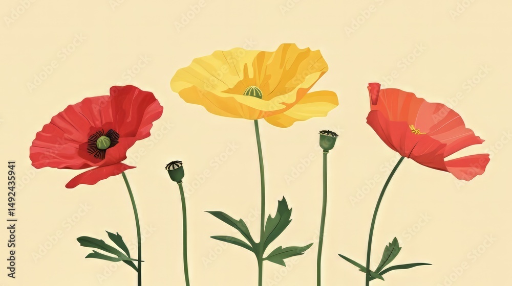 Obraz premium Features tall, vibrant flowers with petals on green stems, set against a background.