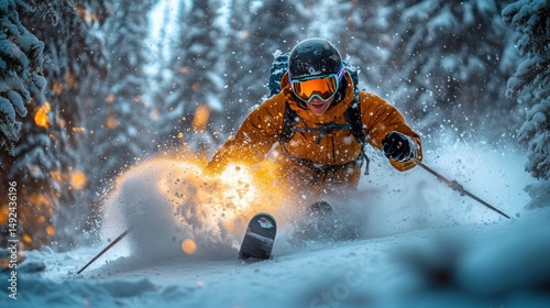 Adventurous skier carving fresh powder
