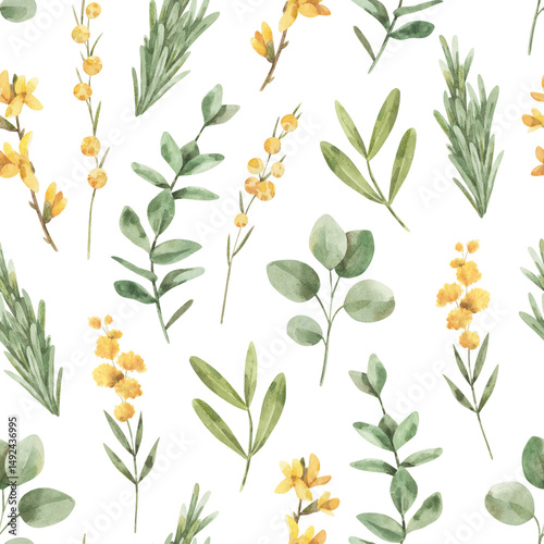 Watercolor pattern with spring leaves, sprigs and yellow flowers. Seamless texture with  branches of rosemary, eucalyptus on white background. Hand-drawn pattern for textile or wrapping paper