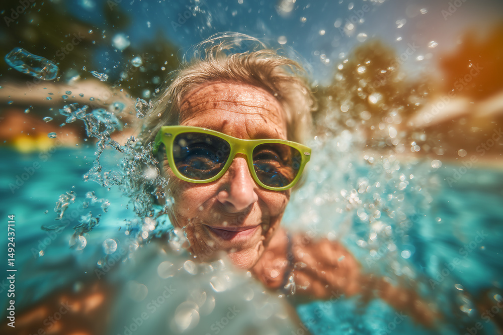 Fototapeta premium smiling old woman wearing green sunglasses in a swimming pool 