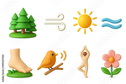 Nature 3d icons set – elements, environment, and wildlife symbols
