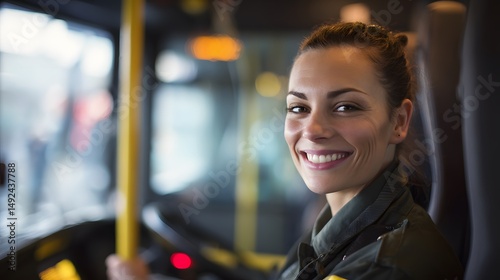 Smiling woman bus driver driving bus public transport transportation service job career passenger ride  safe