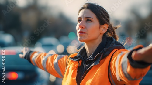 Traffic control woman in orange vest directing cars safety road work construction zone highway management photo
