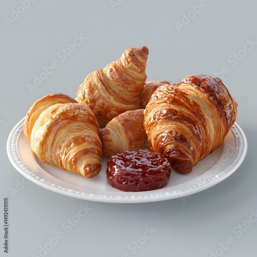 A plate of French pastries including croissant, pain au chocolat, and jam-filled croissants, set against a background with background.