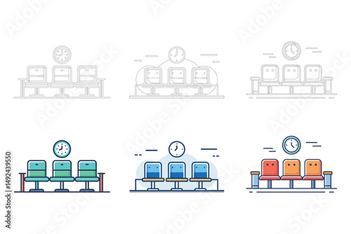 Various waiting room chair illustrations with clocks on a white background