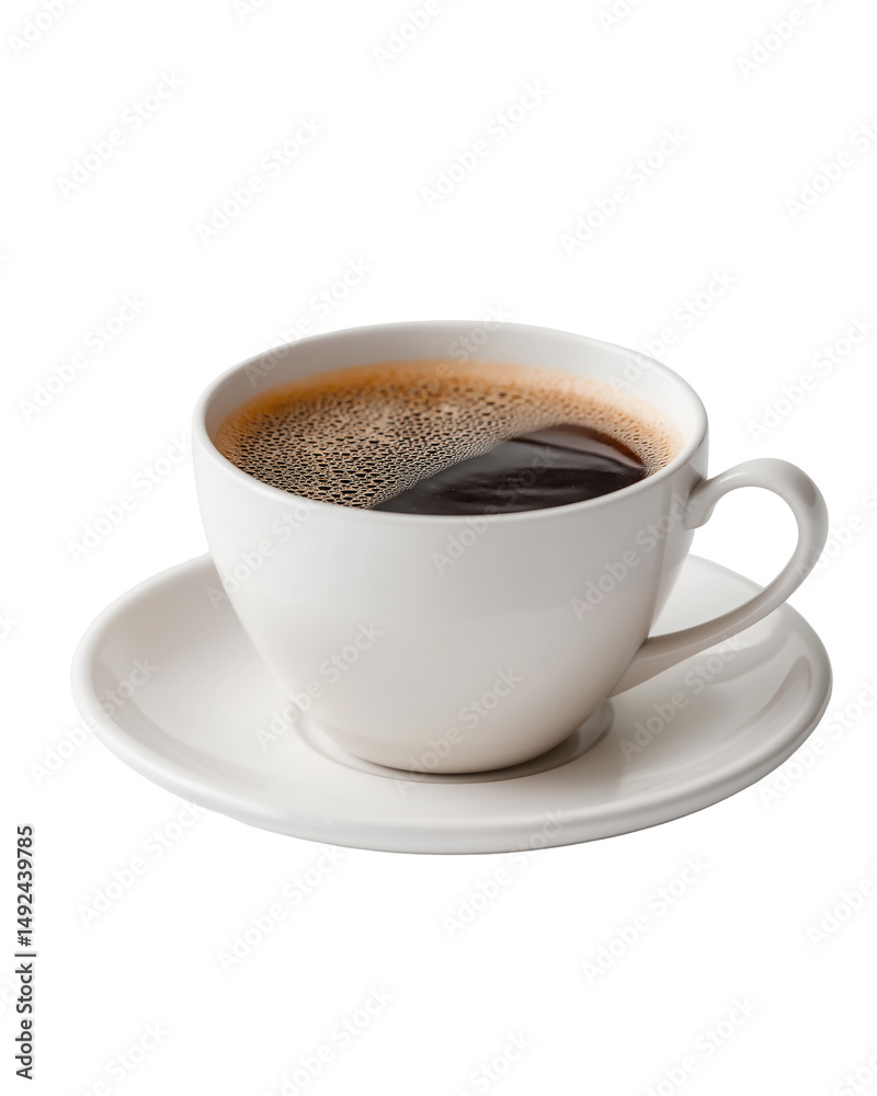 Fototapeta premium Freshly Brewed Coffee: A captivating image of a meticulously crafted cup of coffee and its accompanying saucer, the rich brew inviting a moment of tranquility and pure refreshment.