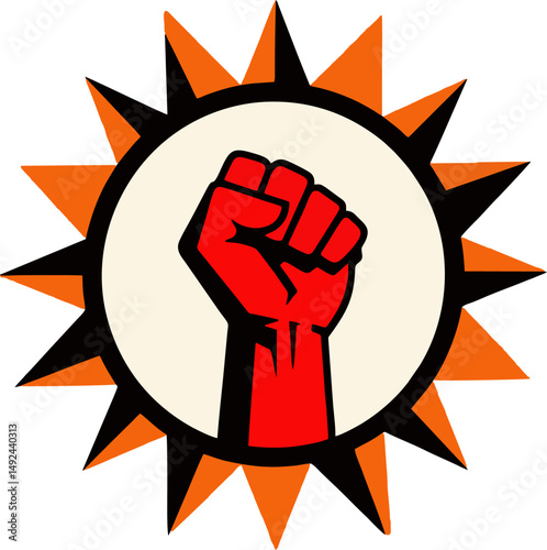 Red Fist with Radiant Spiked Sun Symbol – Bold Vector Illustration of Protest, Power and Solidarity