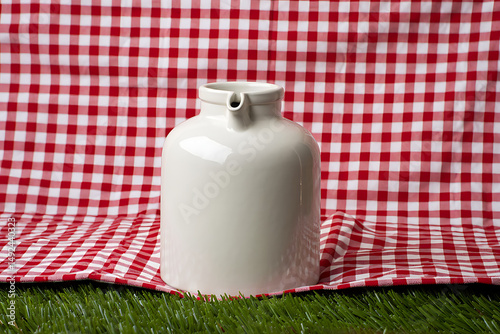 White Milk Pitcher Picnic Gingham Red