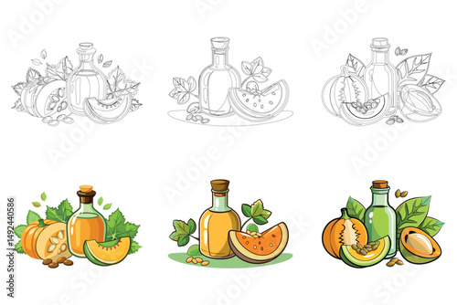 Pumpkin oil bottle with seeds and melon slices illustration
