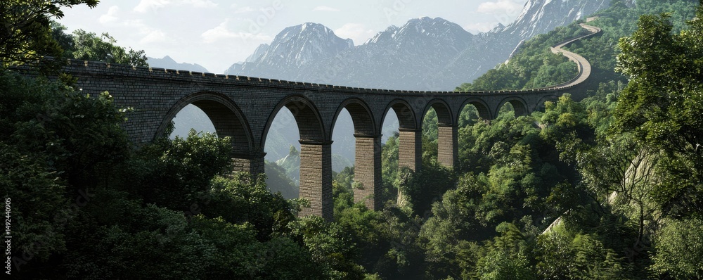 Fototapeta premium A stunning view of a historic viaduct nestled in a lush green landscape.