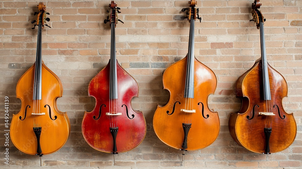 Naklejka premium Four Double Basses Hanging on a Brick Wall
