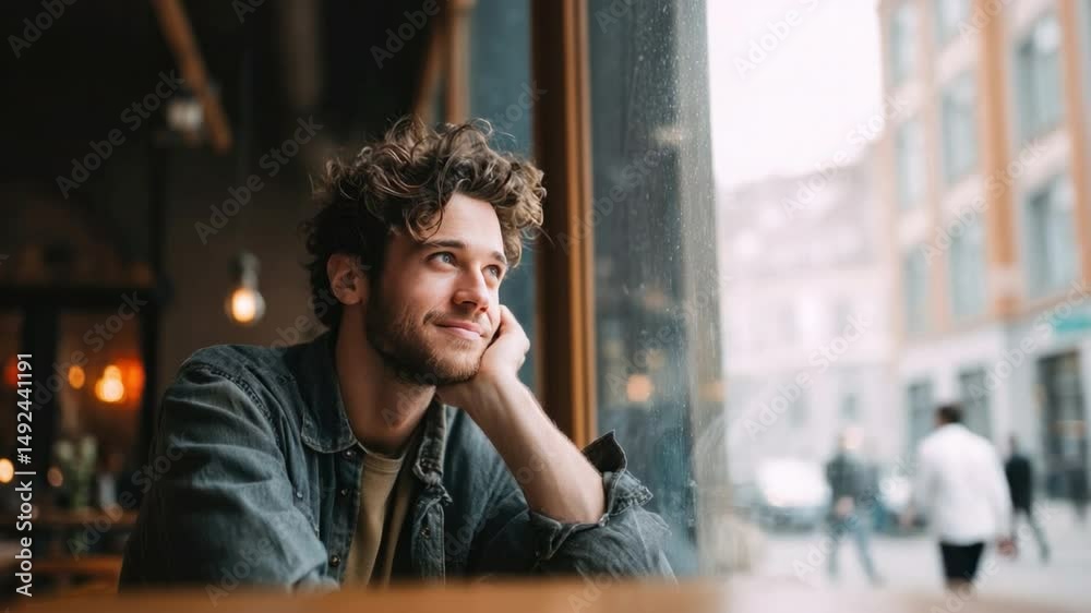 A young man with a thoughtful gaze, sits by a window in a cozy cafe, the bustling street scene forming a serene backdrop to his contemplative thoughts.