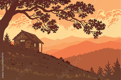 145 Here is a prompt that may produce similar images using a text-to-image AI like Stable Diffusion dramatic sunset over mountainous landscape, old abandoned hut on grassy hilltop, serene pastoral sce