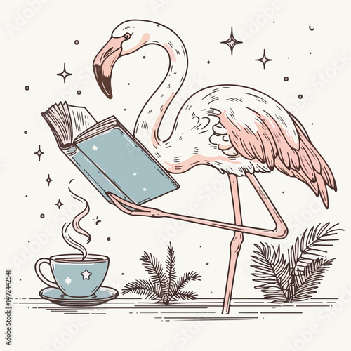Flamingo reading and enjoying coffee: An whimsical flamingo engrossed in a book, sipping coffee, accompanied by a tranquil ambiance.
